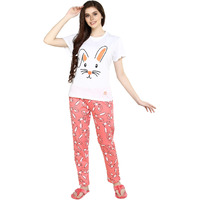 Evolove Women's Cotton Knitted Round Neck Short Sleeves Night Suit Set/Top Pyjama Set Super Soft Comfortable (White & Peach, Npskn1189Ph-Xxl)