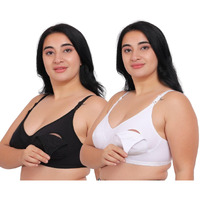 Fabme Women's Cotton Wire Free Casual Nursing Bra (Pack Of 2) (Po2-Br_14_White, Black