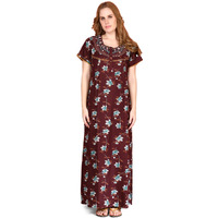 Evolove Alpine Nighty Maxi For Women With Side Pocket | Round Neck Printed Short Sleeves Full Length Night Wear Gown Maroon Medium