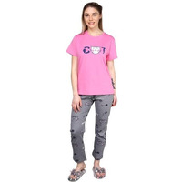 Evolove Women's Hosiery Round Neck Short Sleeves Night Suit Set/Top Pyjama Set Super Soft Comfortable (Baby Pink & Grey, Npskn1154-M)