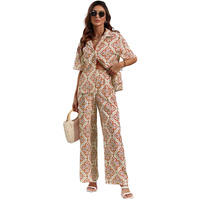 Greciilooks Women Co Ord Set| Knot Front Shirt & Wide Leg Pants| Allover Print Shirt & Bottom| Long Sleeve Shirt| Straight Printed Pant| Women Two-Piece Outfits| Summer Wear (Medium, Orange)