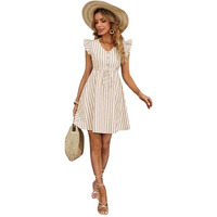 Greciilooks Western Dress For Women| Striped Pattern Dress| Button Ruffle Sleeve Western Dress| Dress For Girls| Summer Wear Dress| Gift For Girls| Outdoor Wear (X-Large, Brown)