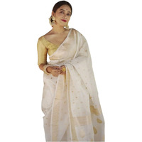 Flosive Women's Beautiful Light Shine Cotton Linen Wedding Saree With Blouse (White)