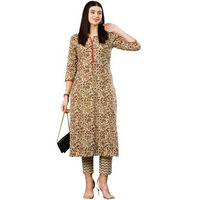 Gosriki Women's Cotton Blend Straight Printed Kurta With Pant (Gattu Beige-Gs_Xl_Beige_X-Large)
