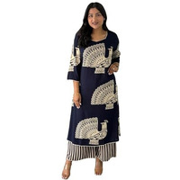 Gosriki Women's Rayon Viscose Straight Printed Kurta With Palazzo (Samiha Navy-Jp42-Gs_Xl_Navy_X-Large)