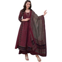 Gosriki Women's Rayon Viscose Anarkali Printed Kurta With Pant & Dupatta (Nakula Wine-Vks06-Gs_Xl_Wine_X-Large)