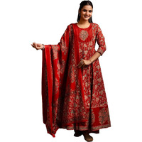 Gosriki Women's Rayon Viscose Printed Anarkali Kurta Pant With Dupatta (Fritha Red-Gs_L_Red_Large)