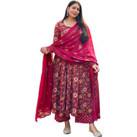 Gosriki Women's Rayon Viscose Printed Anarkali Kurta With Pant & Dupatta (Gauhar Pink-Gs_Xxl_Pink_Xx-Large)