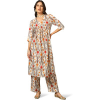 Greciilooks Women Semi Cotton Alia Cut Regular Fit Kurta Set (Off White, Small)