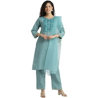 Gufrina Elegant Cotton Embroidered Women's Kurta Pant Dupatta Set | Round-Neck, 3/4 Sleeve Ethnic Wear (Aqua Blue M)