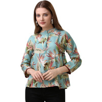 Gufrina Women's 3/4 Sleeve Top With Mandarin Collar Neck  Elegant Floral And Leaf Print Blouse/Top (Light Blue Xl)