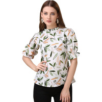 Gufrina Women's Half Sleeve Top With Ruffle Neck  Elegant Floral Print Fancy Floral Top/Blouse (White S)