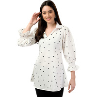 Gufrina Women's Elegant 3/4 Sleeve Heart Print Blouse: V-Neck Collared Shirt For Casual & Office Wear (White Xl)