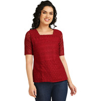 Gufrina Chic Women's Half Sleeve Square Neck Lace Top - Elegant And Stylish Fashion Blouse For All Occasions (Red Xxl)