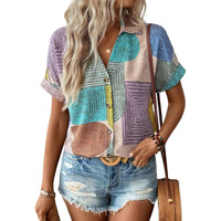 Gufrina Women's Colorful Abstract Geometric Print Shirt, Half Sleeve, Collar Neck, Casual Button-Up Top, Rayon Fabric (Beige L)