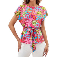 Gufrina Women Western Top With Floral Printed Design In Multicolor Fabric, Relaxed Fit, Short Sleeves, And Waist Tie-Up (Pink S)