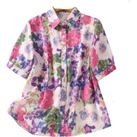 Gufrina Women Purple Multicolor Floral Print Button-Down Shirt With Elbow Sleeves And Collar Neck In Soft Breathable Fabric Ideal For Casual Wear And Relaxed Styling (Purple 3Xl)