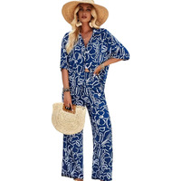 Gufrina Women's Blue And White Abstract Print Co-Ord Set, Half Sleeve Shirt And Wide Leg Pants (Blue M)