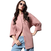 High Star Women Cotton Solid Oversized Fit Shirt (Hswshs23001_Pink_1)