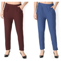 Greciilooks Women's Premium Cotton Trouser Combo Pack Of 2 With Pocket|Pant For Kurti|Formal Pant For Office Wear & Daily Use For Top Kurta (Small, Red&Blue)