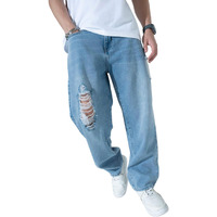 Hubberholme Men's Knee Distressed Loose Fit Jeans (Blue, 34)