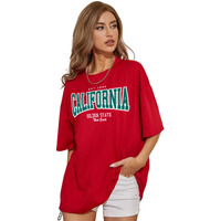Juneberry Pure Cotton Oversized Baggy Fit California Printed Red T-Shirt For Women (Os_J_Clifrnia_Rd_Xl)