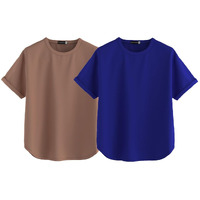 Juneberry Pure 100% Cotton Oversized Loose Baggy Fit Round Neck With Drop Shoulder Cork & Royal Blue Half Sleeves Boyfriend T-Shirt For Women & Girls (Po2_Bf_46Cr_39Rb_Xxl)