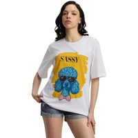 Juneberry Pure Cotton Oversized Baggy Fit Cool Sassy Graphic Printed White T-Shirt For Women (Os_J_Sassy_Wt_M)
