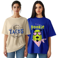 Juneberry Pack Of 2, 100% Pure Cotton, Round Neck, Oversized, Loose, Baggy Fit, Drop Shoulder, Graphic Printed, Half Sleeve T-Shirts For Women & Girls, Size S, Colours Blackwt & Royal Blue