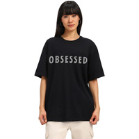 Juneberry Pure Cotton Half Sleeve Round Neck Oversized Fit Graphic Print Black T-Shirt For Women/Girls (Os_J_Obsessed_Bk_L) (Available In From S To 2Xl)