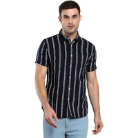 Dennis Lingo Men's Striped Navy Slim Fit Cotton Casual Shirt With Spread Collar & Half Sleeves (Navy) (Small) (C840_Navy_S)