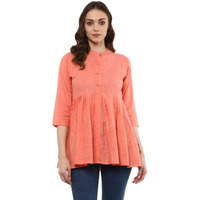 Idalia Peach 3/4 Sleeves,Flared Mandarin Collar Top For Women