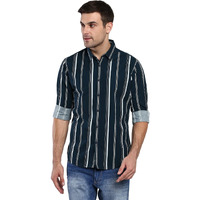 Dennis Lingo Men's Striped Navy Slim Fit Cotton Casual Shirt With Spread Collar & Full Sleeves (Navy) (Medium) (C9020_Navy_M)