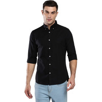 Dennis Lingo Men's Solid Black Slim Fit Cotton Oxford Casual Shirt With Button-Down Collar & Full Sleeves