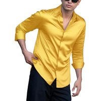 Indoprimo Men's Casual Button Down Long Sleeve Satin Plain Shirt Yellow