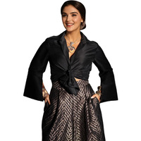 Ishin Women's Black & Gold Festive Crop Knot Top With Flared Brocade Trousers