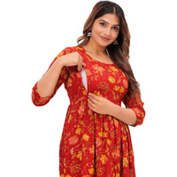 Jikonet Stylish Women's Maternity Breastfeeding Kurti With Zippers Pocket, Comfortable Maternity Wear, (Large, Red)