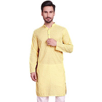 Jompers Chikankari Pure Cotton Kurtas For Men (Yellow, S)