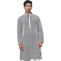 Jompers Black Men's Chikankari Embroidered And Sequence Kurtas (Black, L)