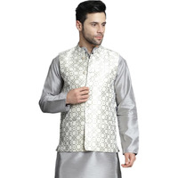 Jompers Cream Men's Woven Design Nehru Jacket (Cream, L)