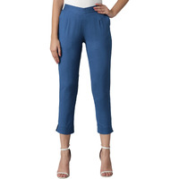 Digital Shopee Women Regular Fit Elastic Waist Full Length Cotton Formal Trouser For Casual Wear, Office Wear Teal Blue