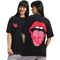 Juneberry Pure Cotton Half Sleeve Round Neck Oversized Fit Graphic Print Black T-Shirt For Women/Girls (Os_J_Mouth_Bk_Xl) (Available In From S To 2Xl)