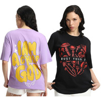 Juneberry Pure 100% Cotton Oversized Loose Baggy Fit Drop Shoulder Latest Aesthetic & Cool Graphic Prinred Half Sleeve T-Shirts For Women & Girls (Po2_Jb_Imclgd_Trstrp_S)