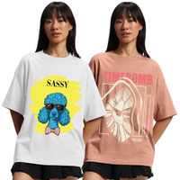 Juneberry Pure 100% Cotton Oversized Loose Baggy Fit Drop Shoulder Latest Aesthetic & Cool Graphic Prinred Half Sleeve T-Shirts For Women & Girls (Po2_Jb_Sassy_Tmbmb_Xl)