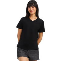 Juneberry Cotton Lycra Regular Fit V- Neck Half Sleeves T-Shirt For Women & Girls (Vdjwtw051007_L) Black