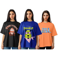 Juneberry Pure Cotton Oversized Loose Baggy Fit Drop Shoulder Half Sleeve Cool Front & Back Graphic Printed Round Neck T-Shirt Combo For Women (Po3_Os_Jb_Ss25_Sebk_Yedg_Porb_S)