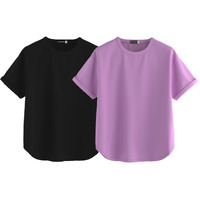 Juneberry Pure 100% Cotton Oversized Loose Baggy Fit Round Neck With Drop Shoulder Black & Lilac Half Sleeves Boyfriend T-Shirt For Women & Girls (Po2_Bf_44Bk_42Ll_S)