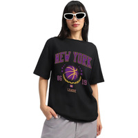 Juneberry Pure Cotton Oversized Baggy Fit New York Graphic Printed Black T-Shirt For Women (Os_J_Nylg_Bk_L)