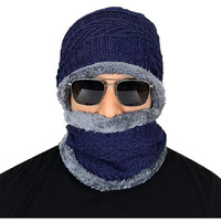 Digital Shopee Winter Beanie Hat Scarf Set Warm Knit Hat Thick Fleece Lined Winter Hat & Scarf For Men Women (Navy Blue)