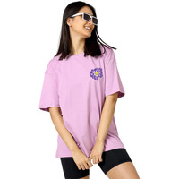 Juneberry Oversize Loose Baggy Fit Drop Shoulder Cool And Stylish Latest Stay Weird Pocket Print Design Lilac Half Sleeve T-Shirt For Women & Girls
